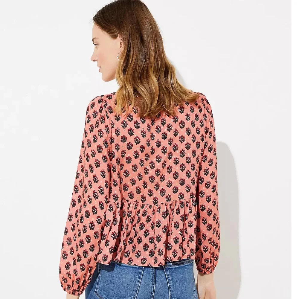 LOFT Pink and White Puff Sleeve Peplum Blouse